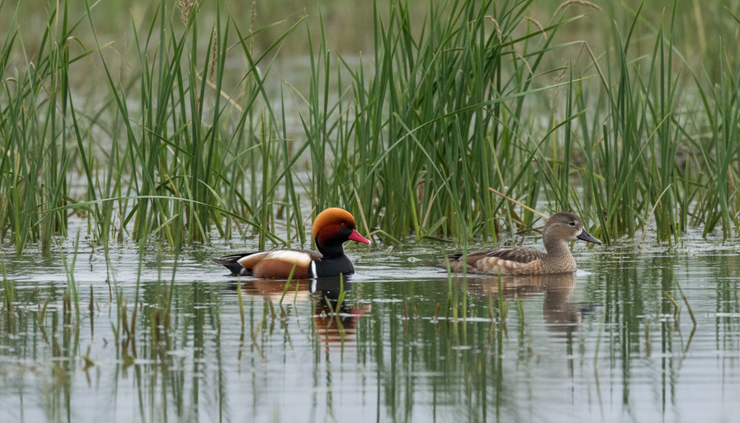Eye-level view of a red-crested pochard pair near tall reeds.