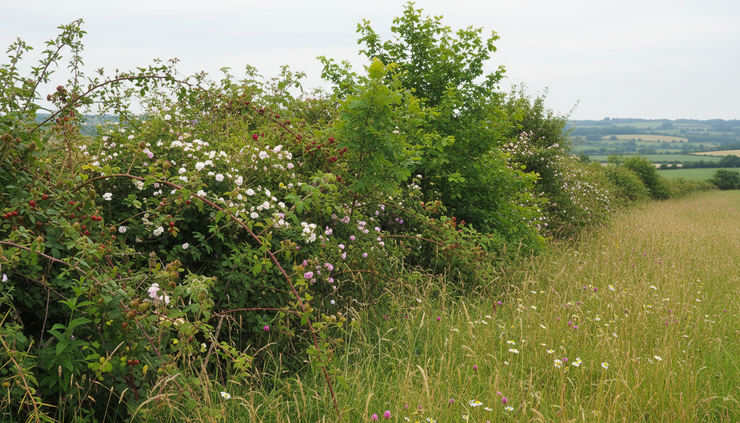 Wide-angle view of a mixed British hedgerow beside rough grass in summer.