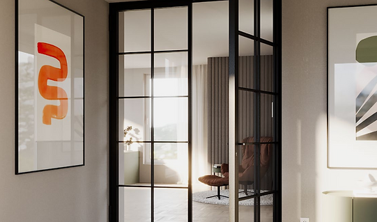 Moderne schwarze Lofttür aus Stahl und Glas mit filigranen Sprossen im Wohnbereich
