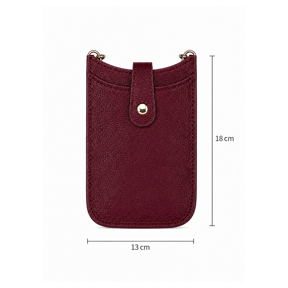 Thumbnail: bordeaux Echtleder Handytasche zum Umhängen mit goldenen Details, Vorderansicht..