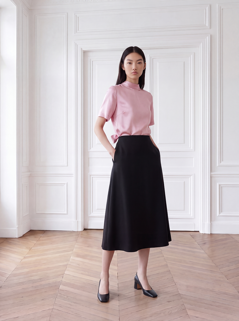 Миниатюра: Model trägt rosa rückenfreies Seidenshirt mit Bindeschleife und kurzen Ärmeln.