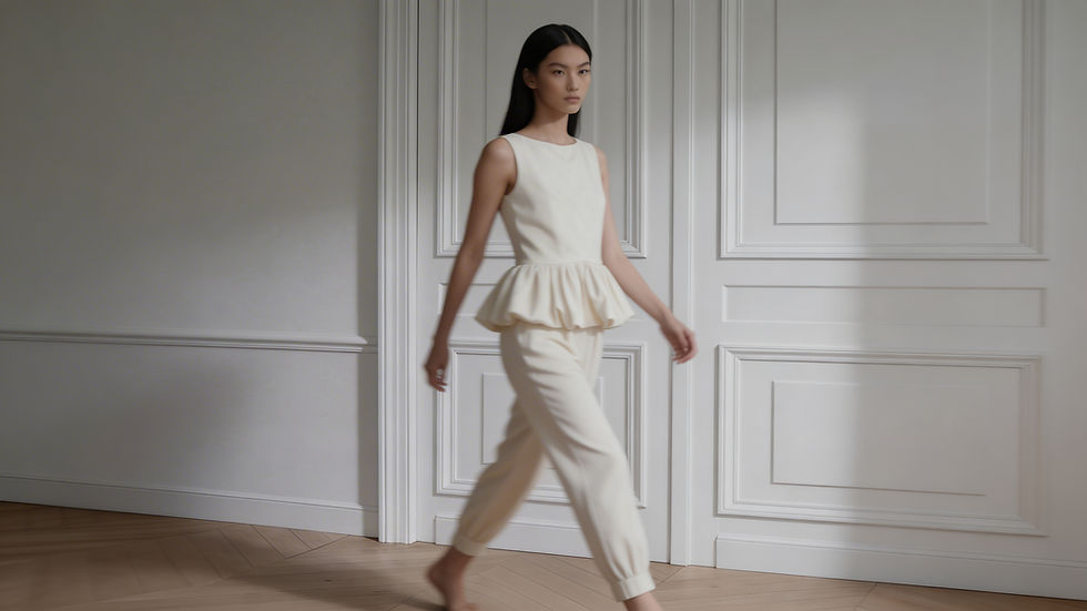 Eine ruhige Bewegung, klare Linien, reduziertes Design.
Das Ivory Peplum Top zeigt seine Form im Gehen – leicht, strukturiert und selbstverständlich zugleich.