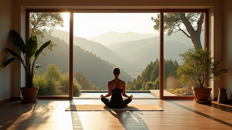 Vista panorámica de un estudio de yoga rodeado de naturaleza