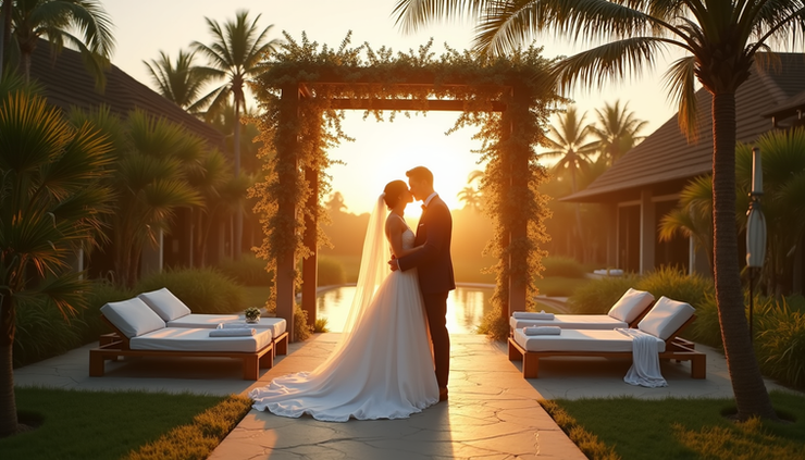 Eye-level view of a private luxury villa wedding setup with tropical garden surroundings