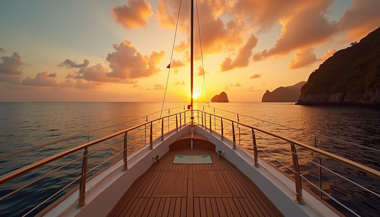 High angle view of a luxury sunset cruise on the ocean near Komodo Island