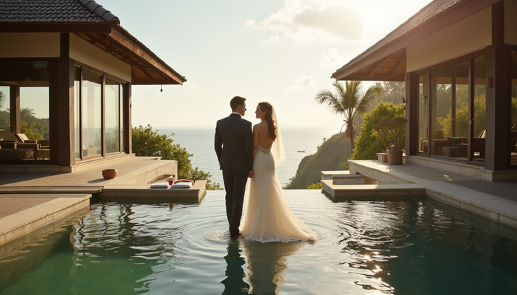 Close-up view of a professional wedding photographer capturing a couple at a Bali villa