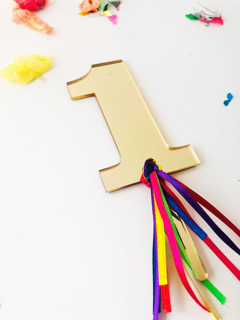 Thumbnail: Number 1 Gold Mirror Acrylic With Ribbon Birthday Cake Topper