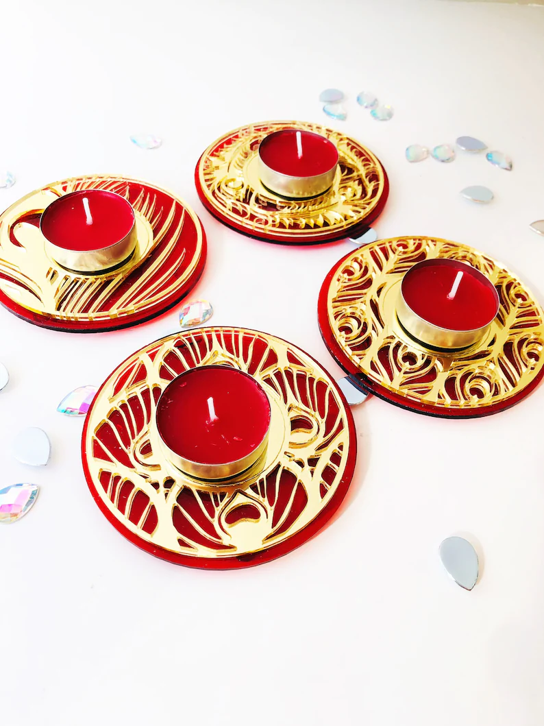 Thumbnail: Pack of 4 Diwali Gold Mirror Acrylic Candle Plate