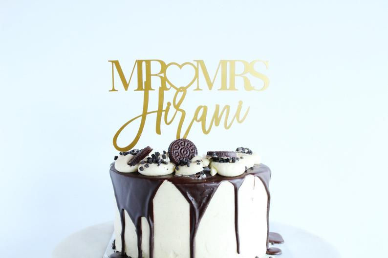 Thumbnail: Custom Surname Mr & Mrs Gold Acrylic Wedding \ Engagement Cake Topper