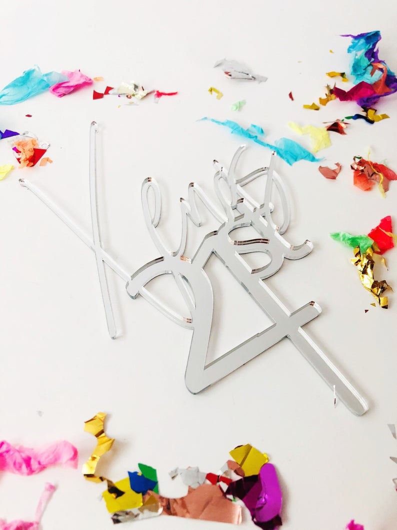 Thumbnail: Custom Name & Age Silver Mirror Acrylic Birthday Cake Topper Numbers