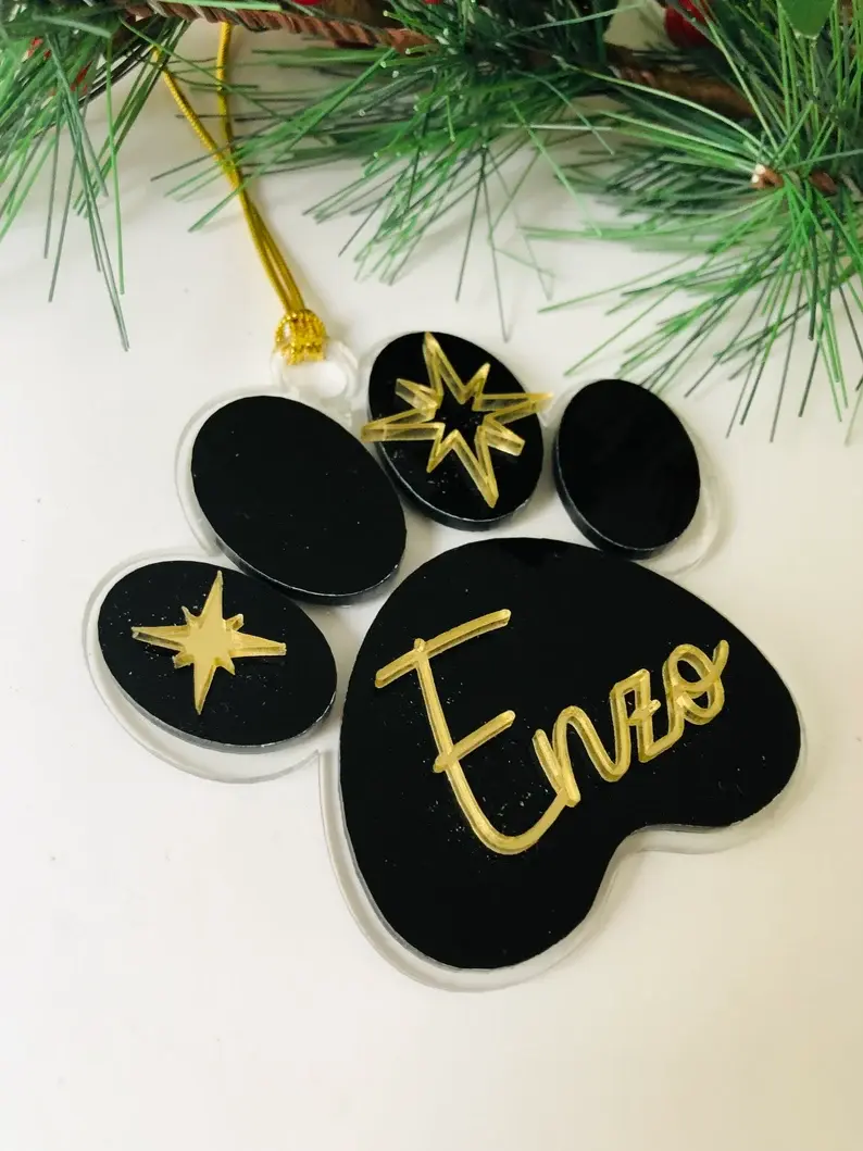 Thumbnail: Personalised Dog Paw Christmas Bauble Black &amp;amp; Gold Acrylic