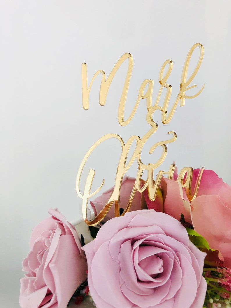 Thumbnail: Personalised Wedding Name Gold Mirror Acrylic Cake Topper