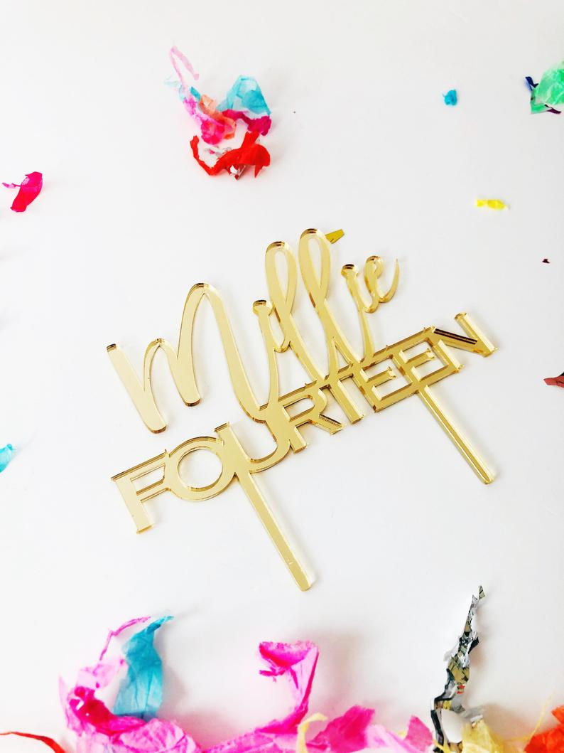 Thumbnail: Custom Name & Age Gold Mirror Acrylic Cake Topper