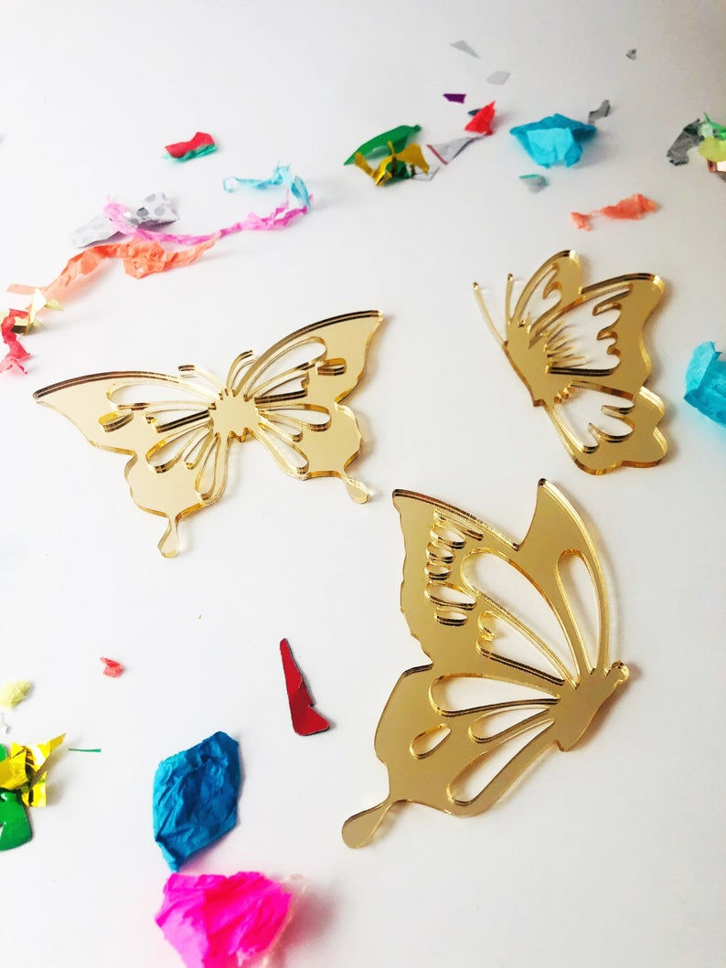 Thumbnail: Set of 3 Butterfly Gold Mirror Acrylic Cake Charms