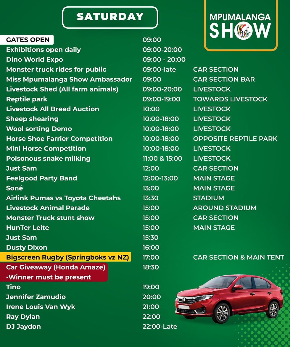 Programme for Saturday 7 september 2024 at the mpumalanga show