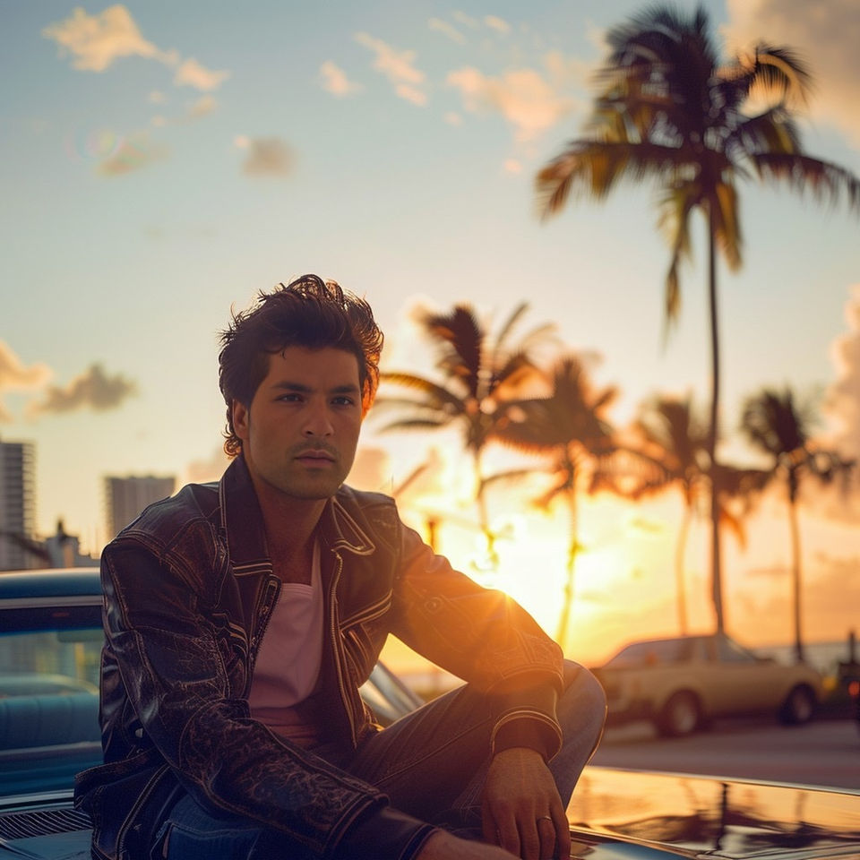 Andrew Meraldson sitting on a classic car at sunset with palm trees in the background