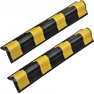 Two black rubber wall protectors with alternating yellow and black striped patterns. These protective bumpers are designed to be mounted on walls or other surfaces to absorb impacts and prevent damage from vehicle collisions or other hazards in industrial or commercial settings like loading docks, warehouses, and garages.
