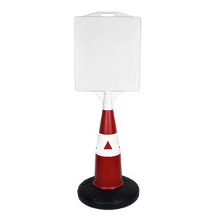 A sturdy, water-ballasted traffic control cone in red and white, equipped with a removable white sign panel for displaying warnings or directions.
