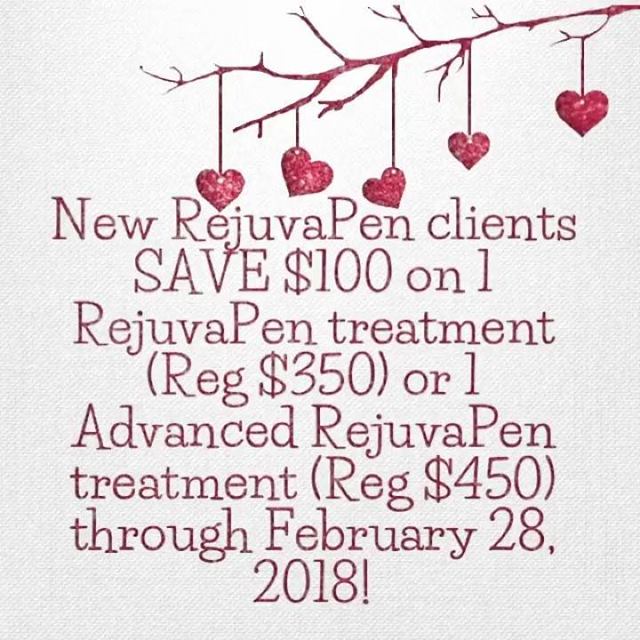 New RejuvaPen clients SAVE $100 on 1 RejuvaPen treatment (Reg $350) or 1 Advanced RejuvaPen treatment (Reg $450) through February 28, 2018!