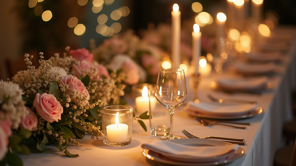 Close-up view of a decorated wedding reception table with candles and floral centerpiece