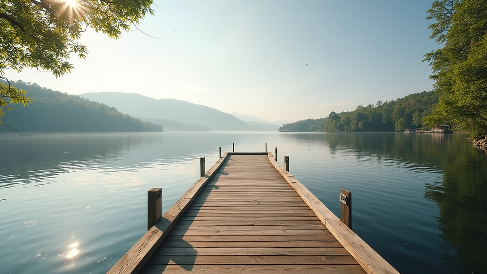 Eye-level view of a lakeside wedding venue with a wooden dock and calm water