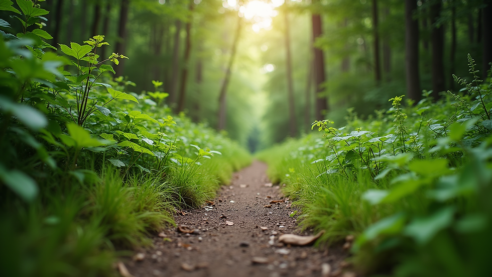 Eye-level view of a serene hiking trail surrounded by lush greenery