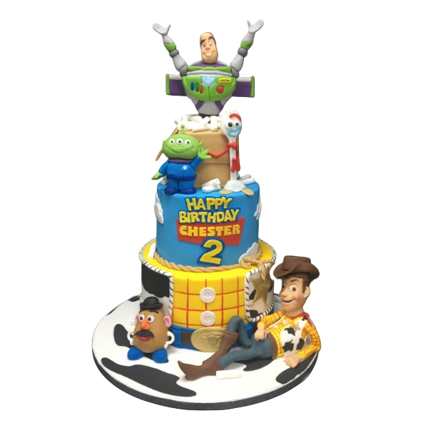 A colourful and fun Toy Story themed cake featuring popular characters from the beloved animated movie. Perfect for children's birthday parties and themed events.