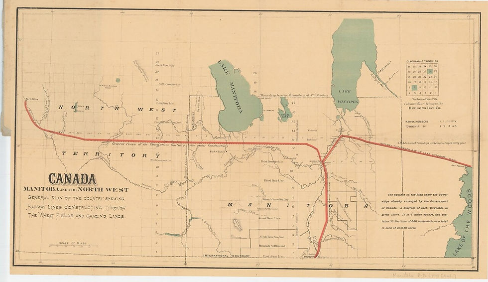 Karte von Manitoba und dem kanadischen Nordwesten aus dem Jahr 1879. Eingezeichnet sind die beiden großen mennonitischen Siedlungsgebiete, in denen die Einwanderer seit den 1870er Jahren ihre Dörfer, Gemeinden und Schulen aufgebaut hatten.