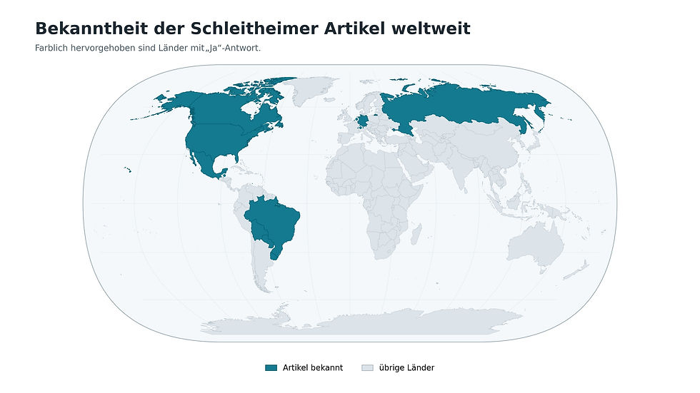 In den farblich hervorgehobenen Ländern kannte mindestens eine befragte Person die Schleitheimer Artikel. Die Karte zeigt die geografische Verbreitung der Antworten, nicht den Bekanntheitsgrad innerhalb der Gesamtbevölkerung.