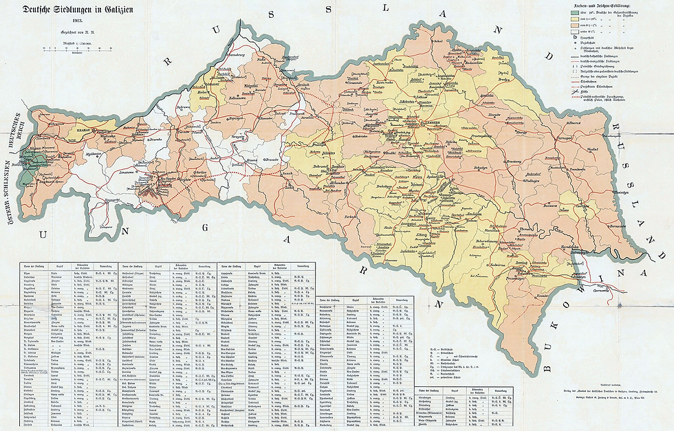 Deutsche Siedlungen in Galizien auf einer Karte von 1913. Viele dieser Orte gingen auf die seit den 1780er Jahren geförderte Ansiedlung deutschsprachiger Familien zurück. Auch Mennoniten gehörten zu dieser Siedlungsbewegung.