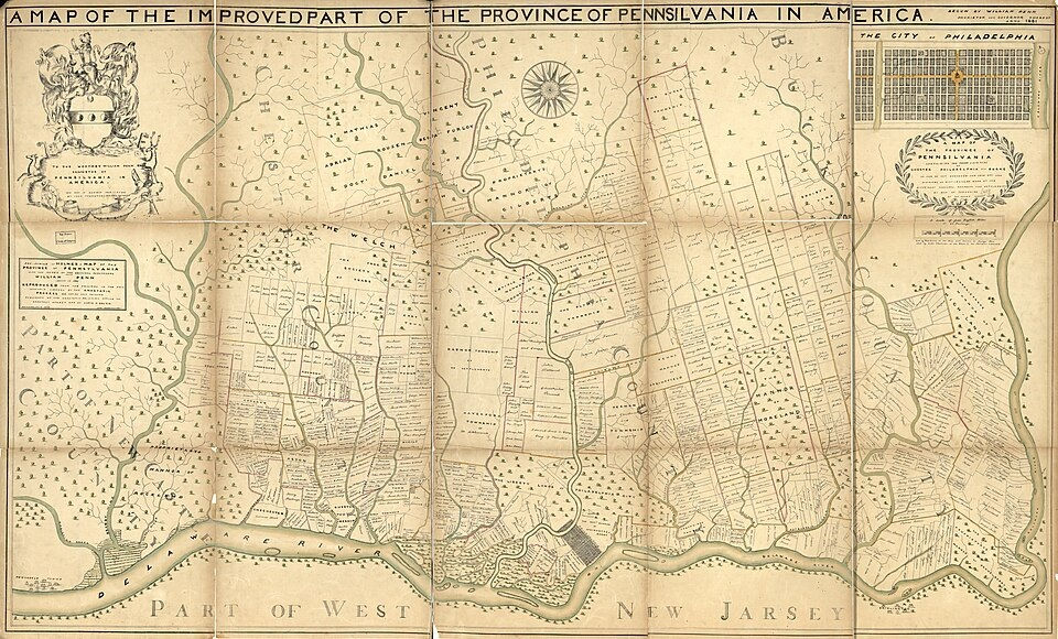 Thomas Holmes Karte von Pennsylvania aus dem Jahr 1687 zeigt die bereits vermessenen Teile der jungen Kolonie. Hier fanden Quäker, Mennoniten und andere verfolgte Glaubensgemeinschaften eine neue Heimat.