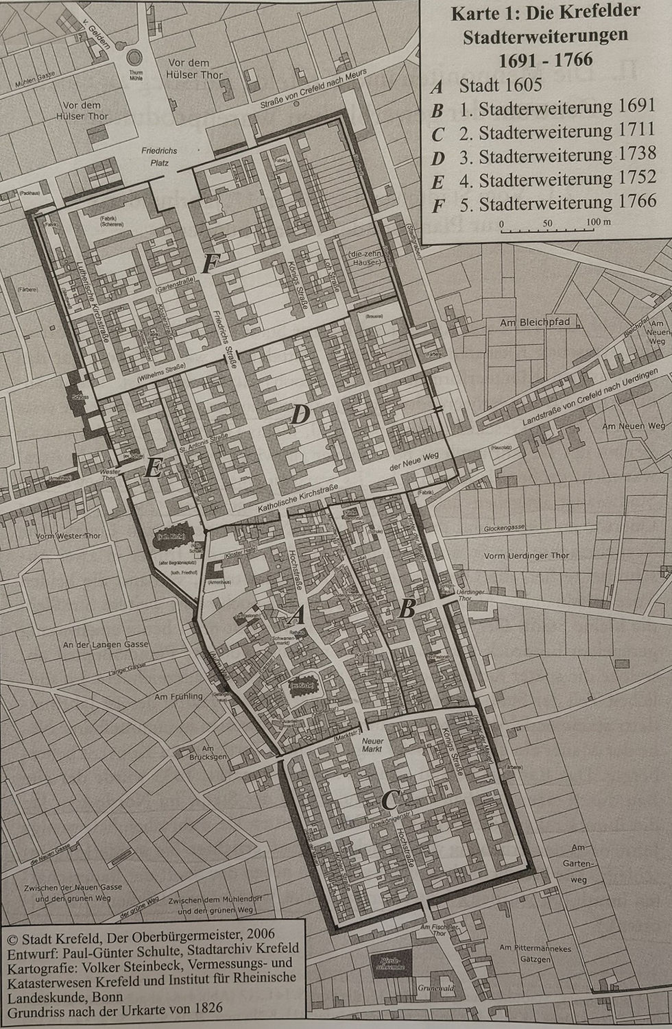 Historische Karte über die Stadterweiterungen in Krefeld