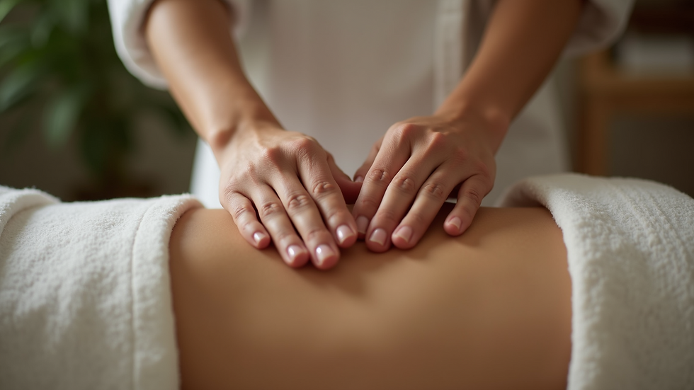 Close-up view of hands hovering above a person’s body during a Reiki session