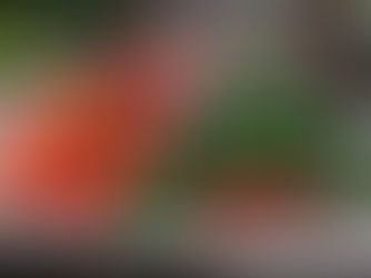 Pile of red and green chili peppers on a weathered wooden board outdoors, with a blurred garden background.