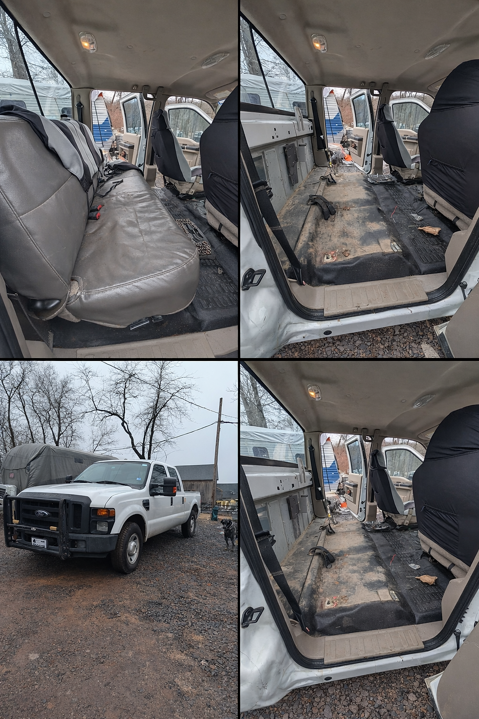White truck with interior stripped and cleaned. Front seat remains, rear bench removed. Outdoors, cloudy sky, gravel, trees, and a dog.