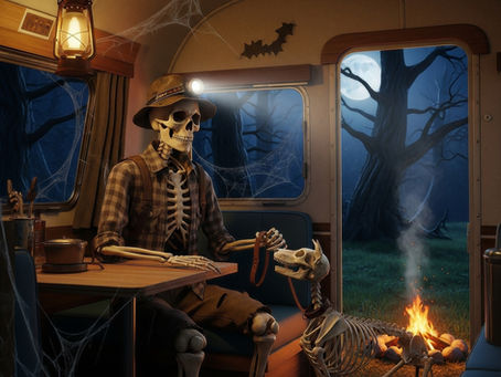 A man and his dog sit in the camper