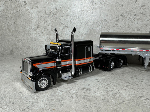 1/64 Peterbilt 379 w/ Quad Axle Walker Milk Tanker Black/Orange