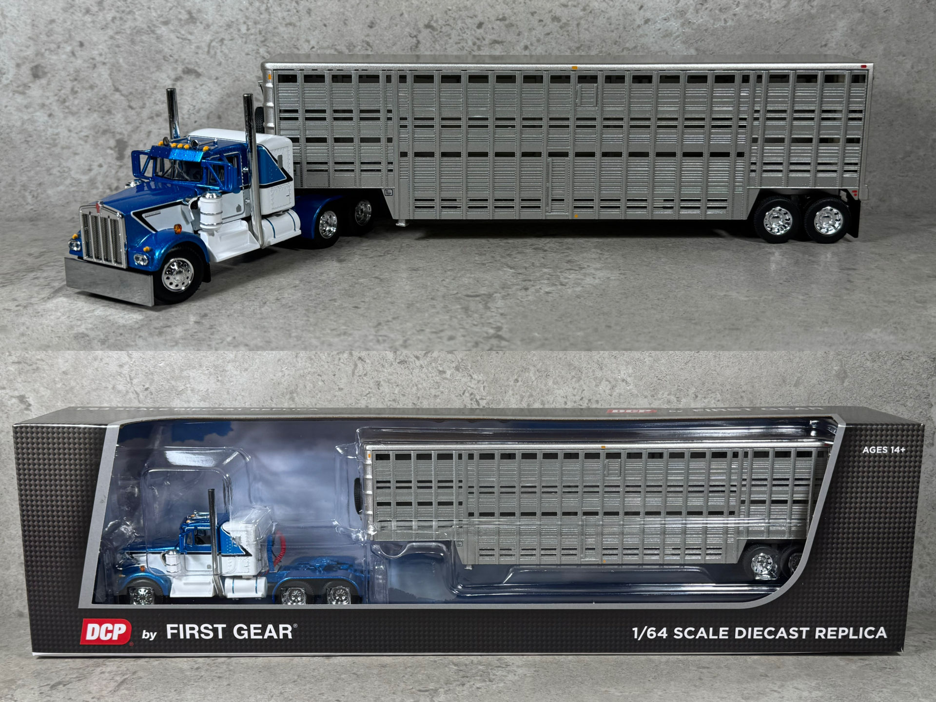 1/64 Kenworth W900A w/ Vintage Wilson Livestock Trailer Blue/White