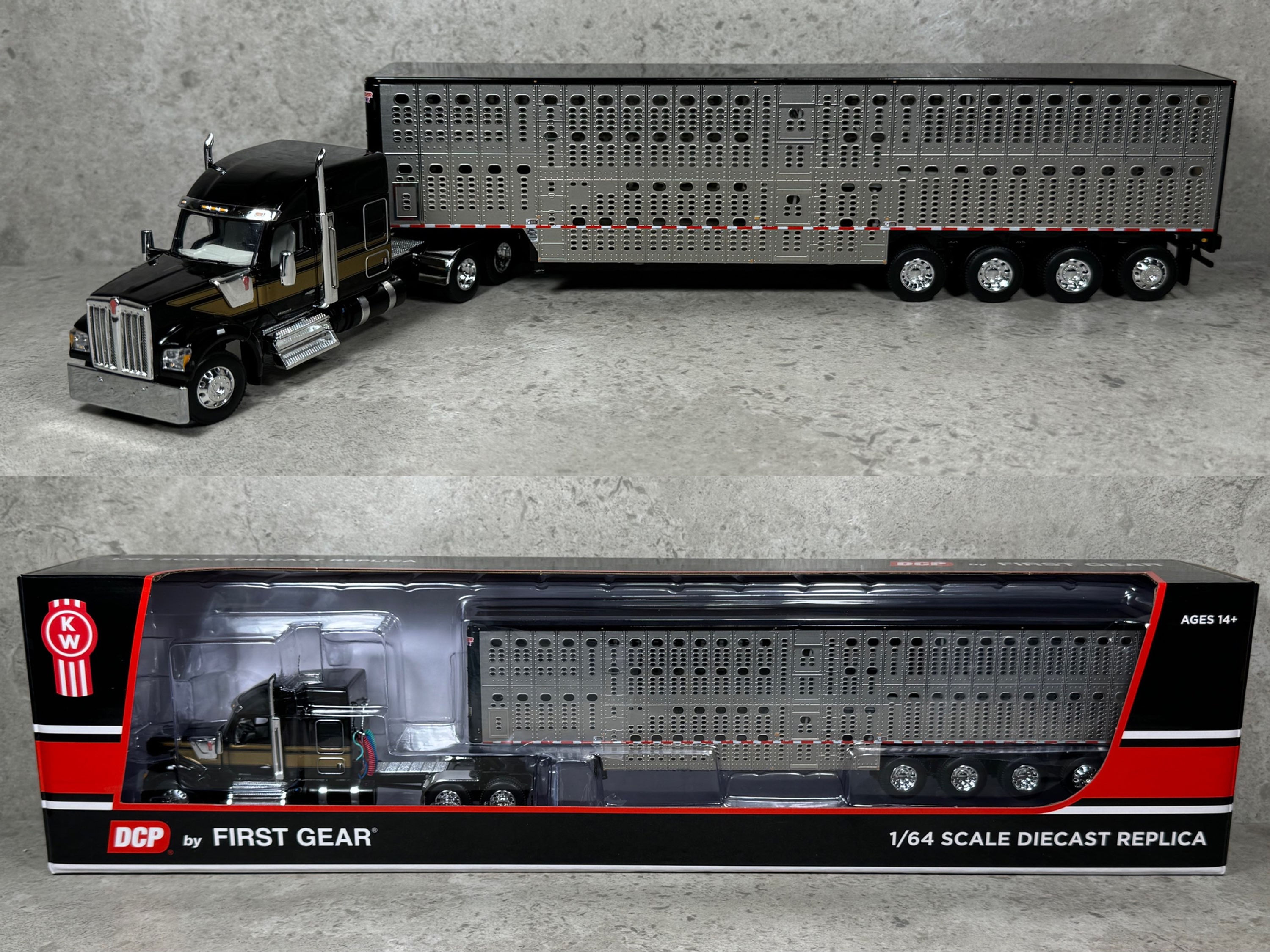 1/64 Kenworth W990 w/ Quad Axle Wilson Livestock Trailer Black/Gold