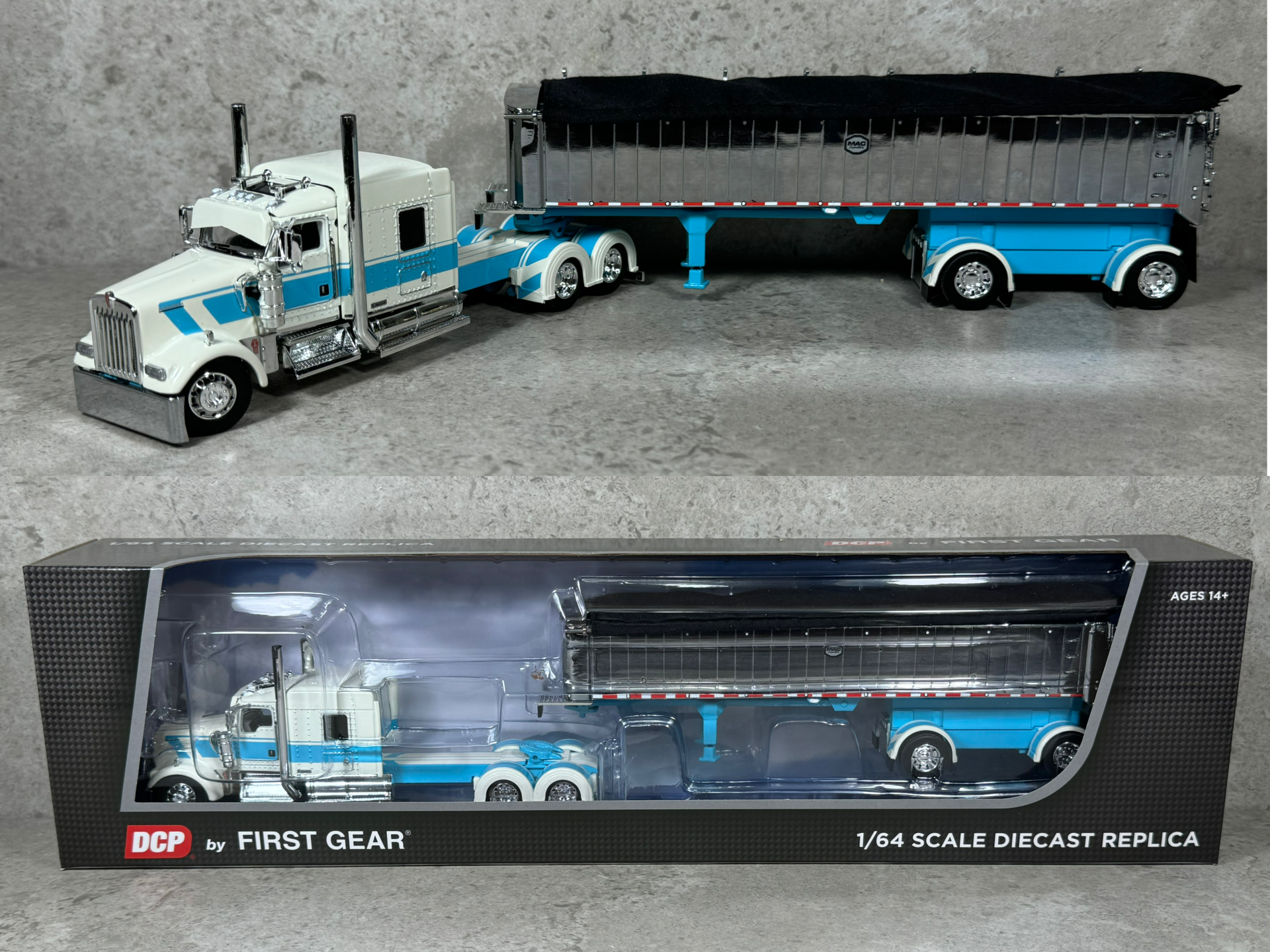 1/64 Kenworth W900L w/ MAC Coal End Dump White/Turquoise