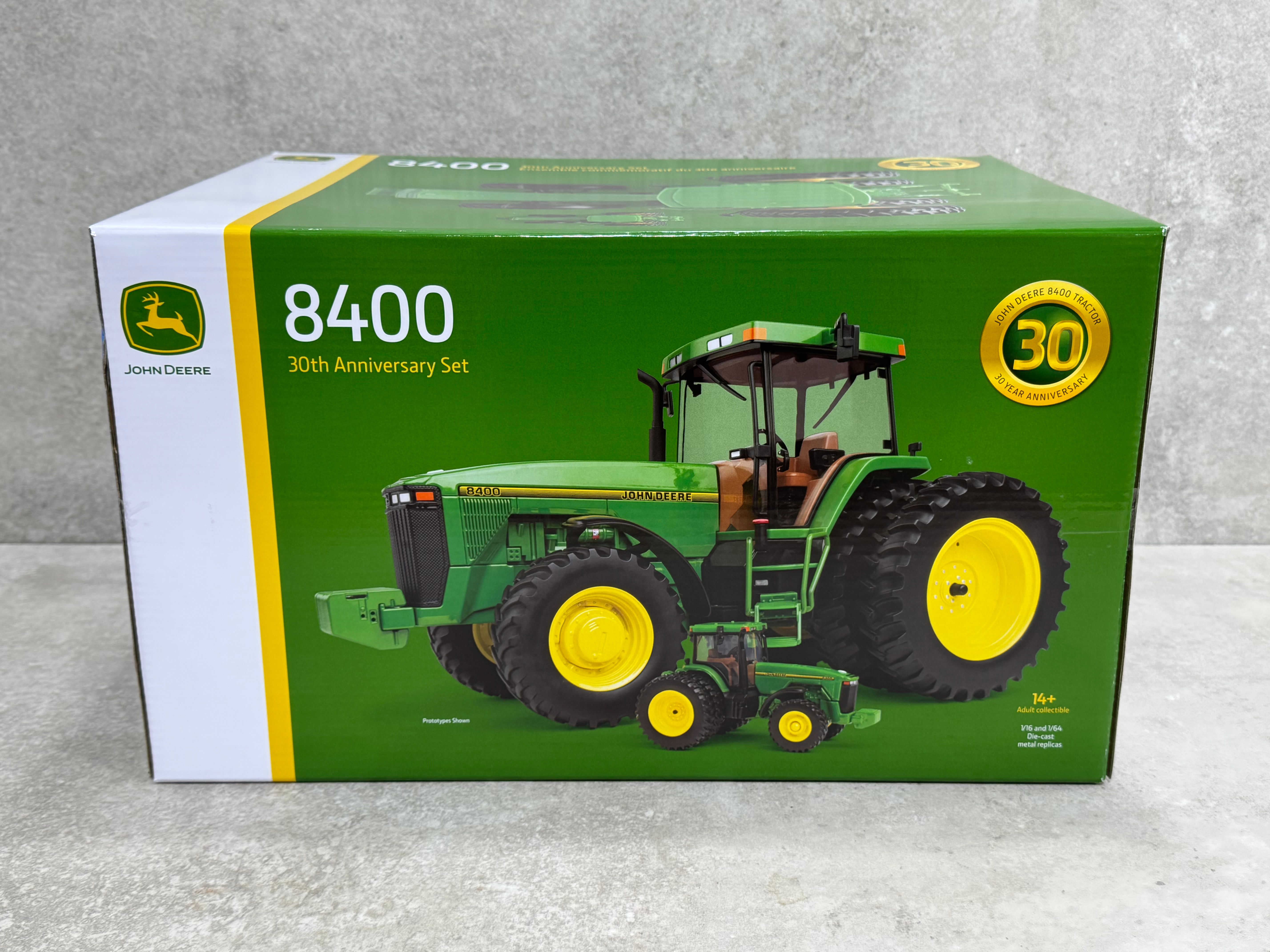 1/16 & 1/64 John Deere 8400 Tractor w/ FWA & Rear Duals 30th Anniversary Set