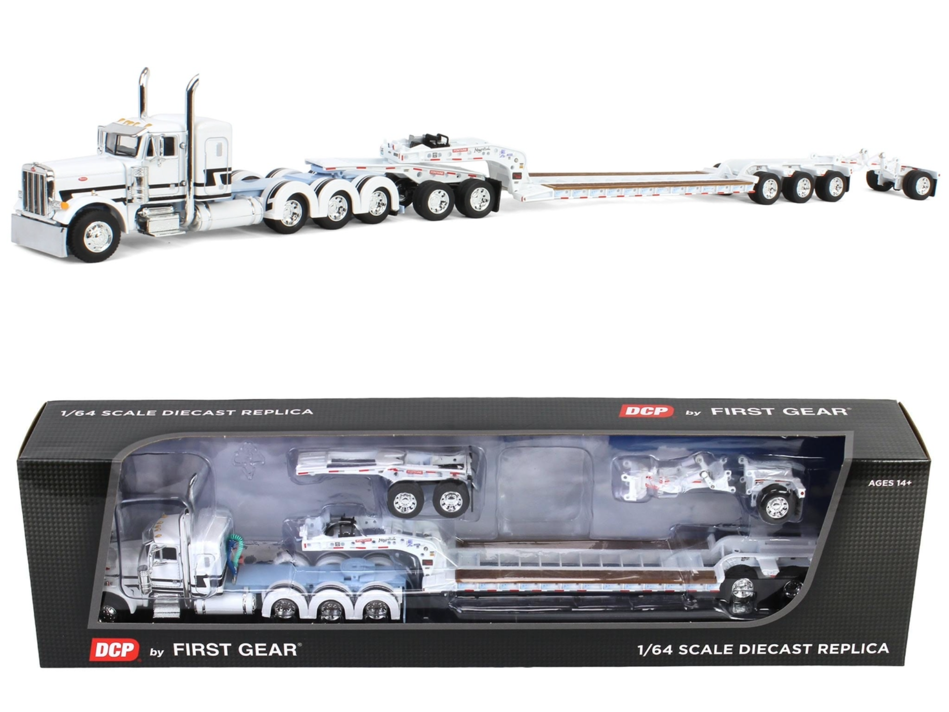 1/64 Peterbilt 379 w/ Fontaine Magnitude Lowboy White/Light Blue