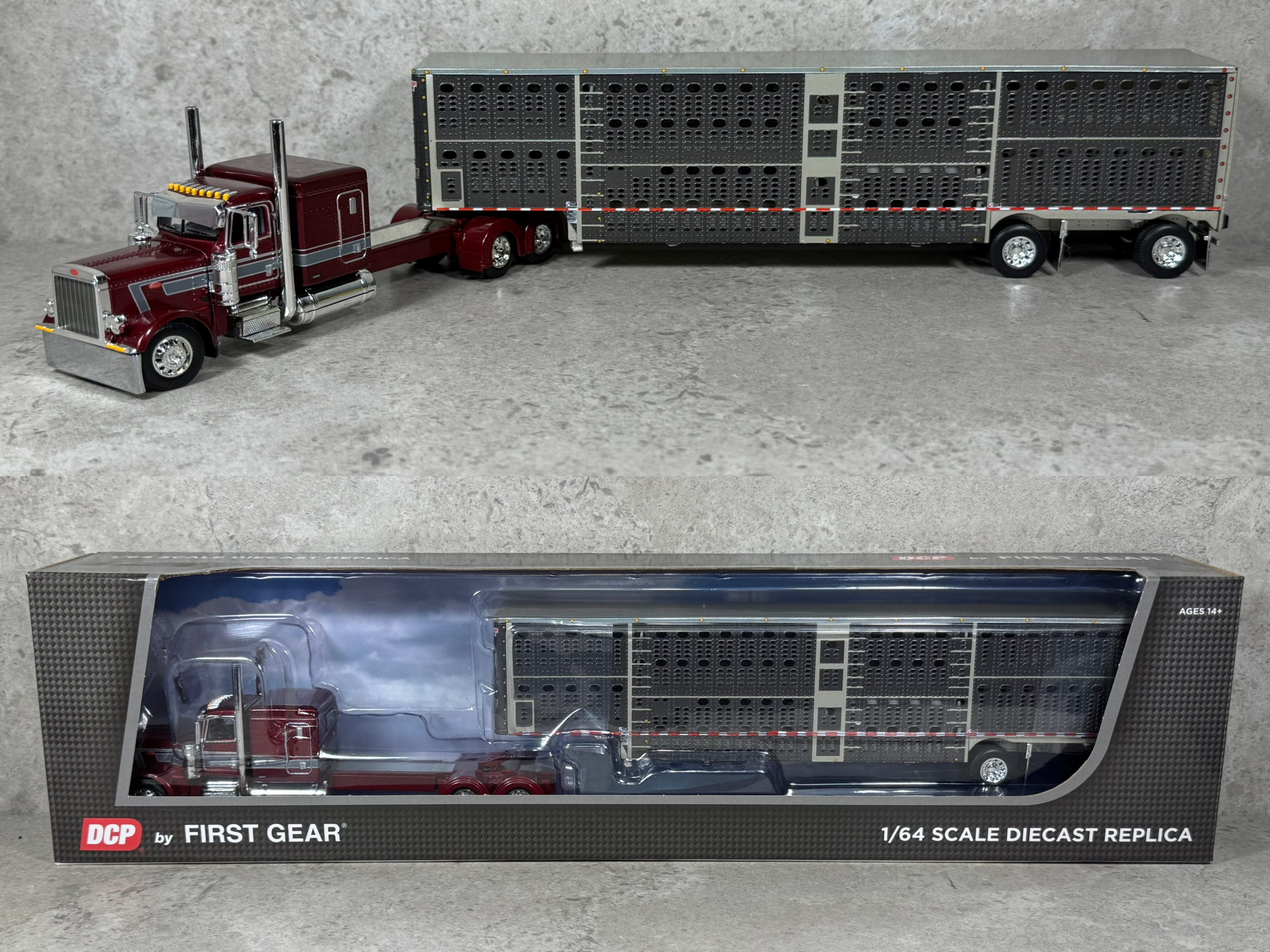 1/64 Peterbilt 389 & Wilson Livestock Trailer-Maroon/Gunmetal