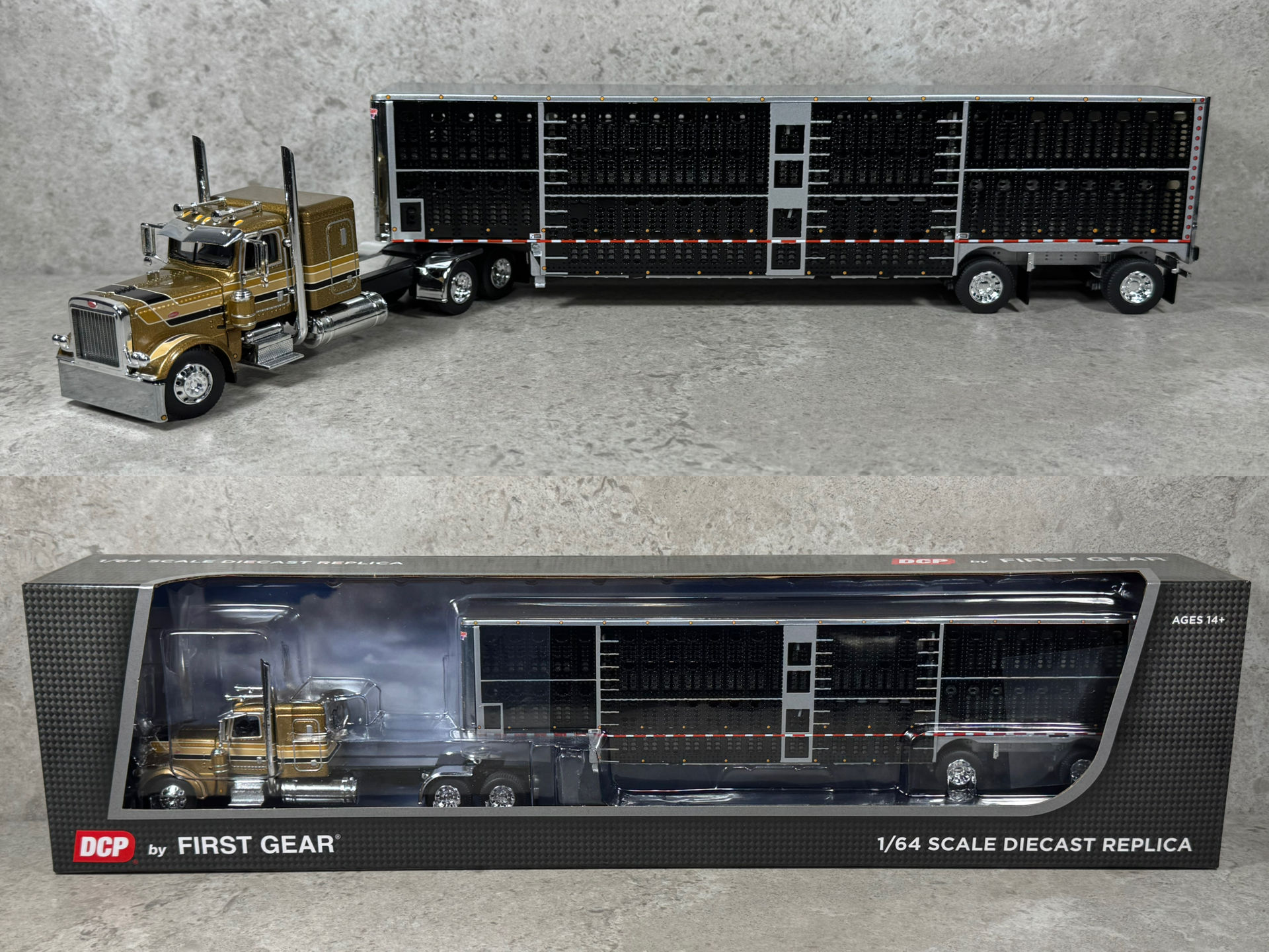 1/64 Peterbilt 389 w/ Wilson Livestock Trailer Gold/Black