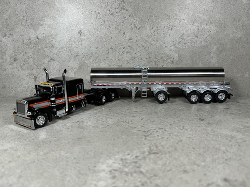 1/64 Peterbilt 379 w/ Quad Axle Walker Milk Tanker Black/Orange