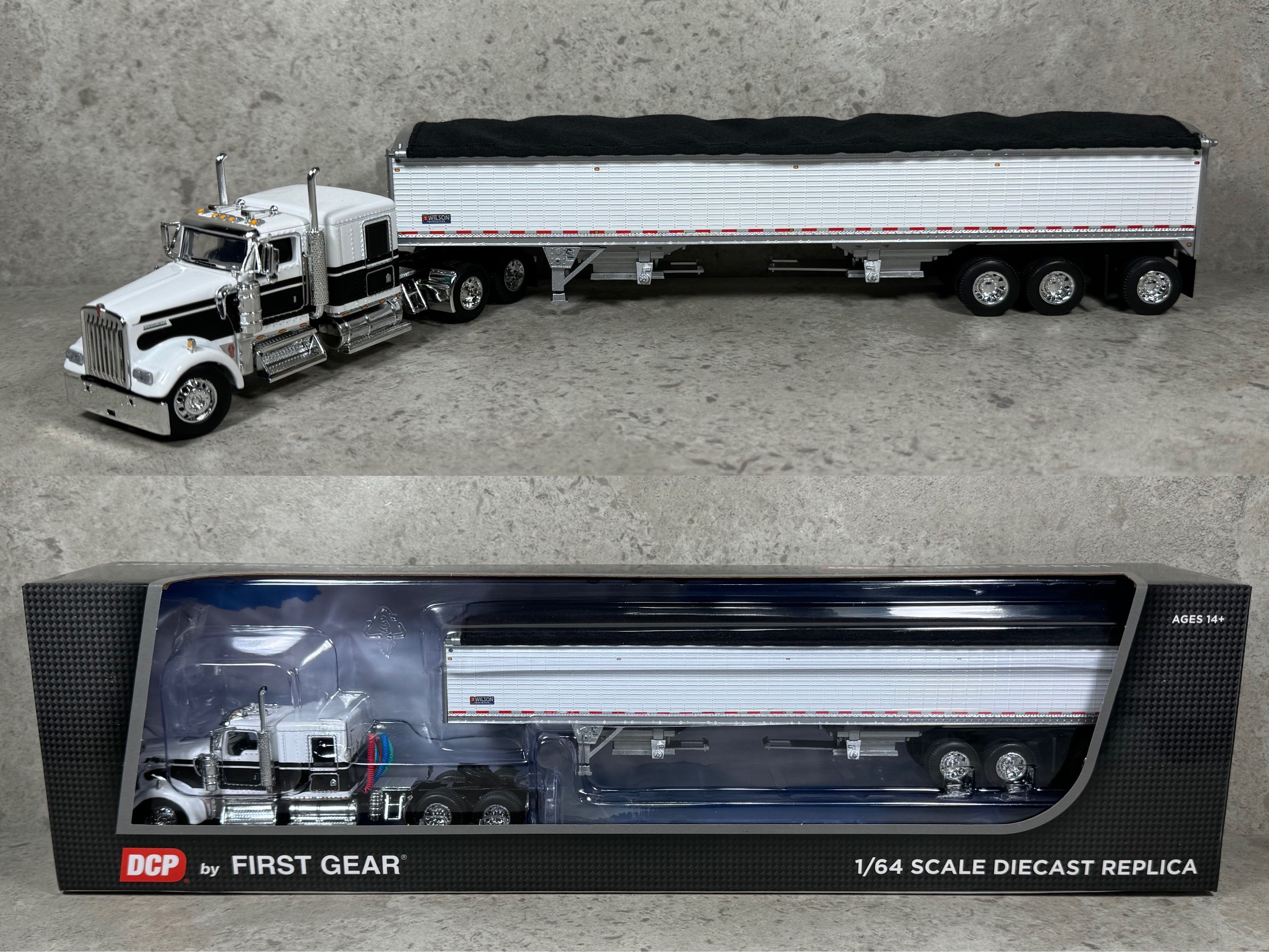 1/64 Kenworth W900 w/ Wilson 50’ Tri-Axle Grain Trailer White/Black