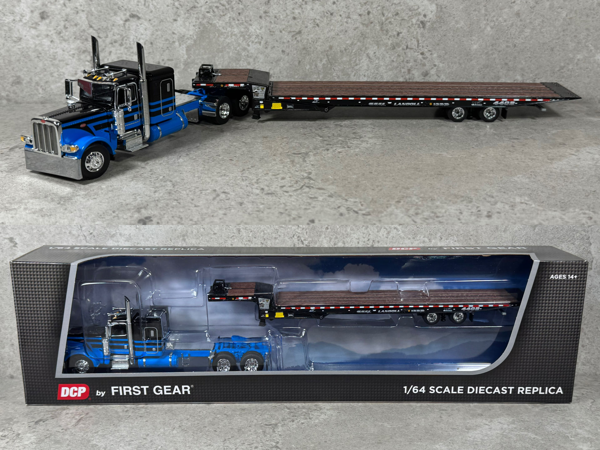 1/64 Peterbilt 389 w/ Landoll 440B-50CA TA Trailer Blue/Black