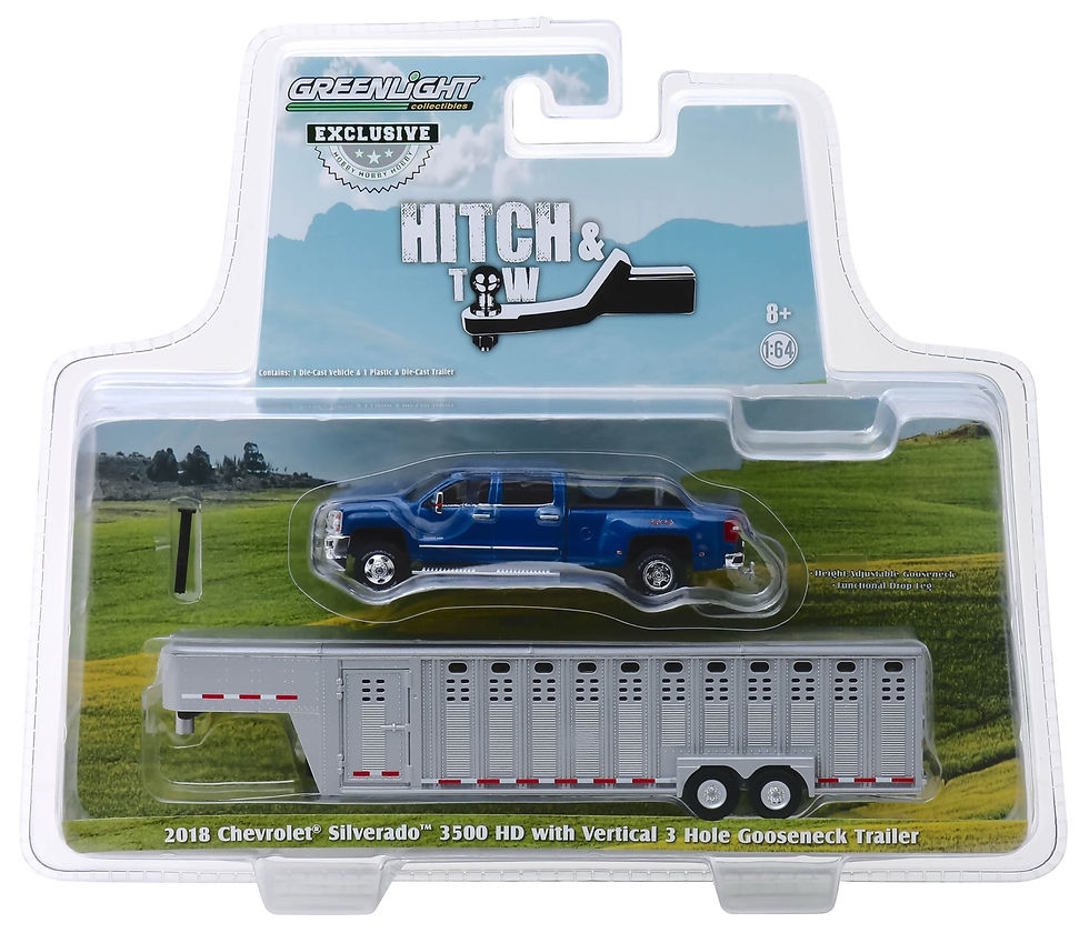 Thumbnail: 1/64 Greenlight Hitch and Tow Blue Chevy Dually w/ Livestock Trailer