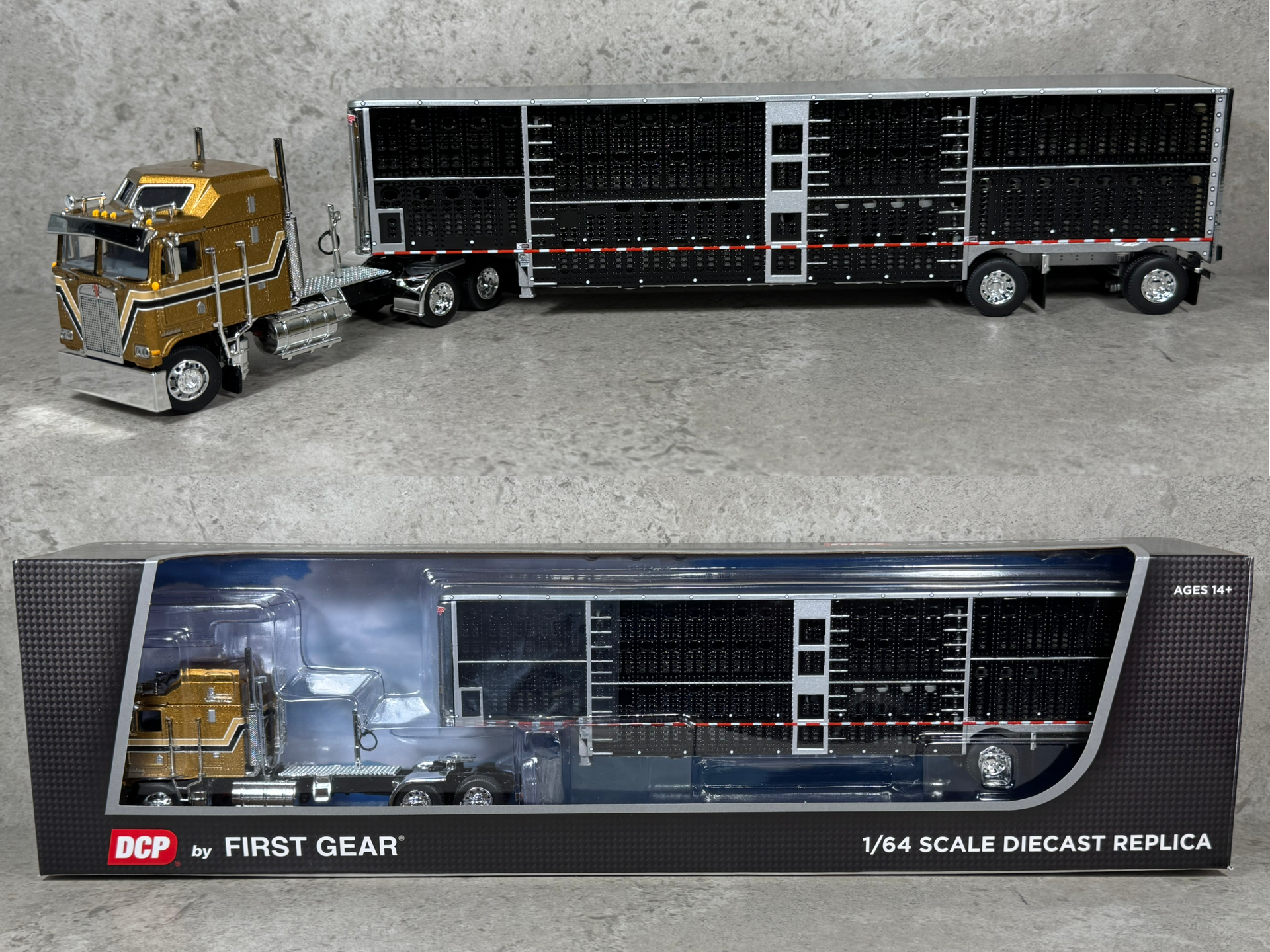 1/64 Kenworth K-100 w/ Wilson Livestock Trailer Gold/Black
