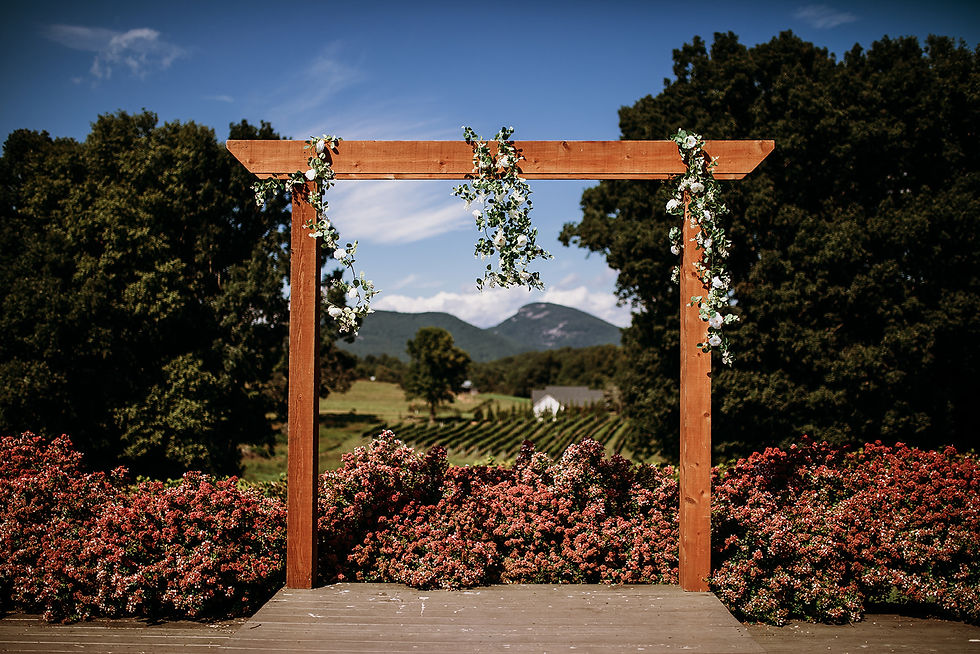 Eye-level view of a rustic wooden wedding arch surrounded by green trees
